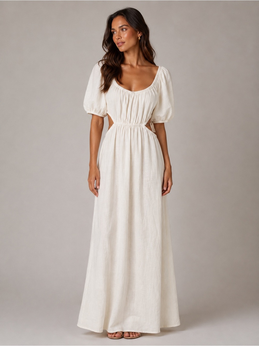 Billabong Cream Puff-Sleeve Cutout Maxi Dress